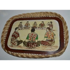 Vintage Mexico Folk Art Basket Tray, Mexico Wood Wicker Platter, Hand Painted