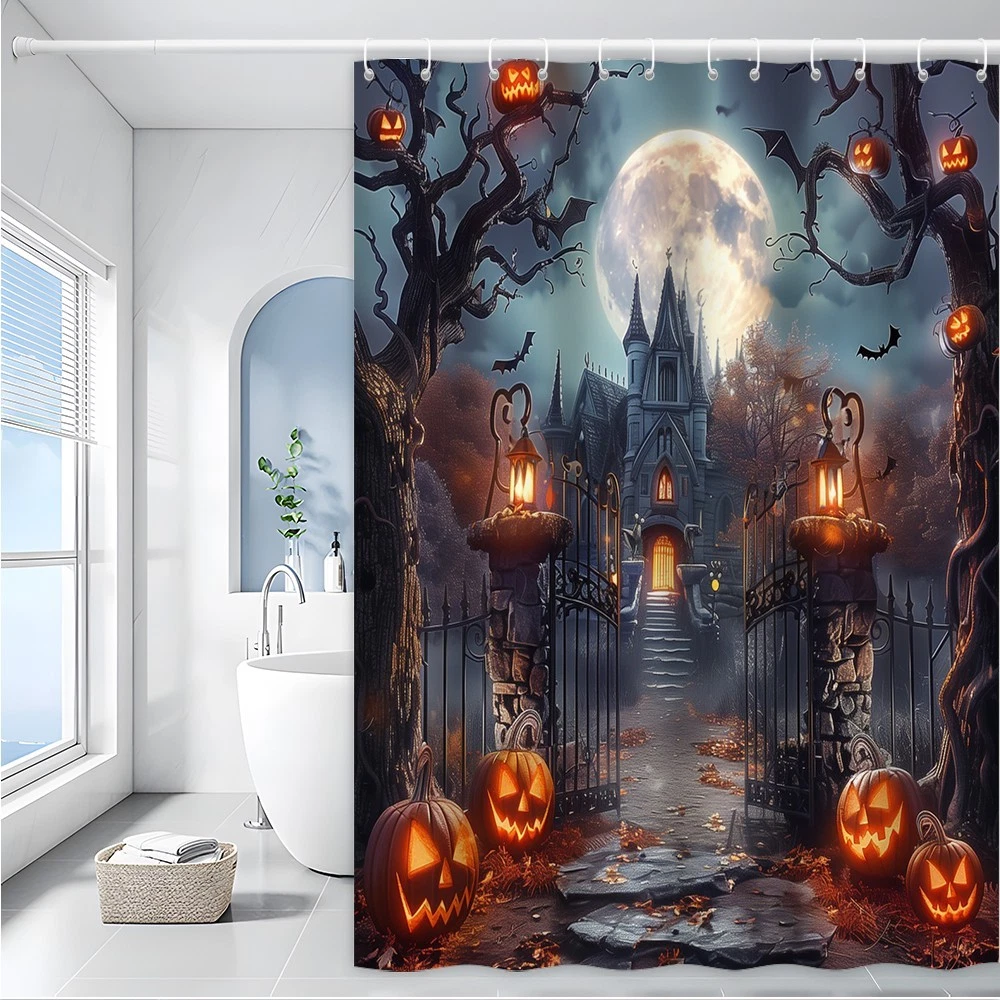 Halloween Shower Curtain Haunted House Pumpkin Lantern Spooky Moon Bathroom