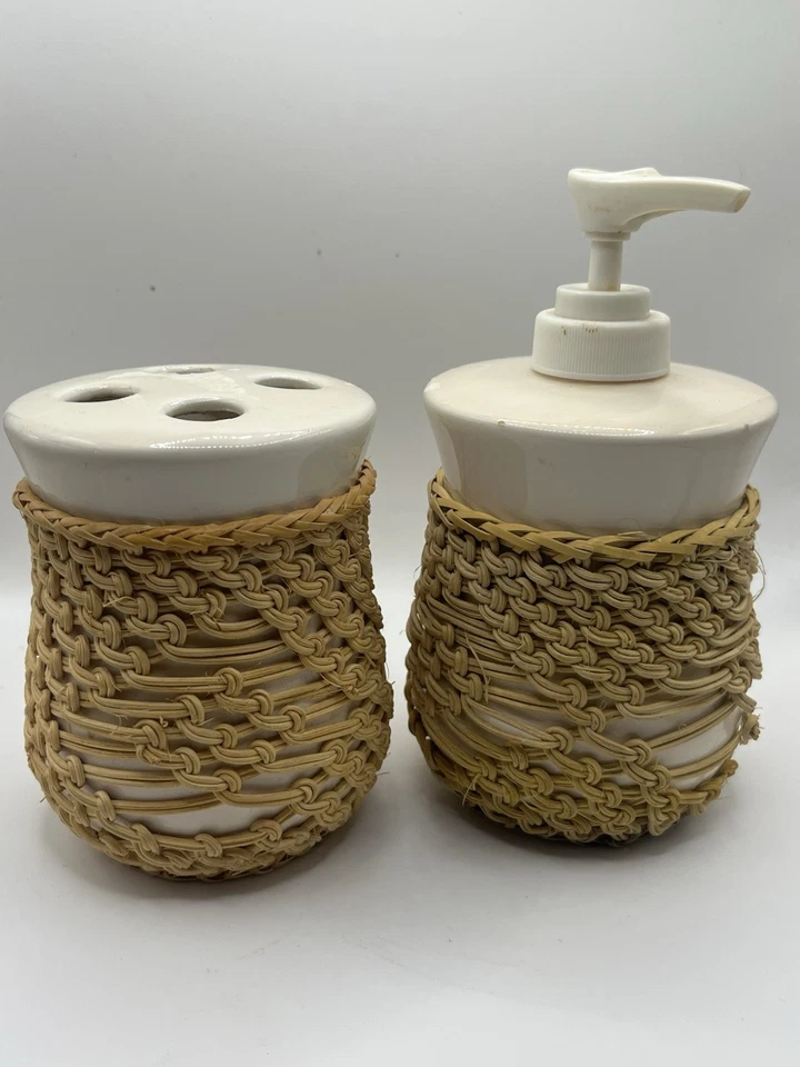 Juego de baño vintage Allure soporte de cepillo de dientes boho y dispensador de jabón macramé Foto 2 de 3