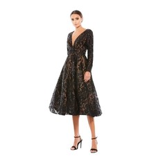 Mac Duggal 67529 Black Nude Sequin Long Sleeve V-Neck Midi Dress Size 8 598