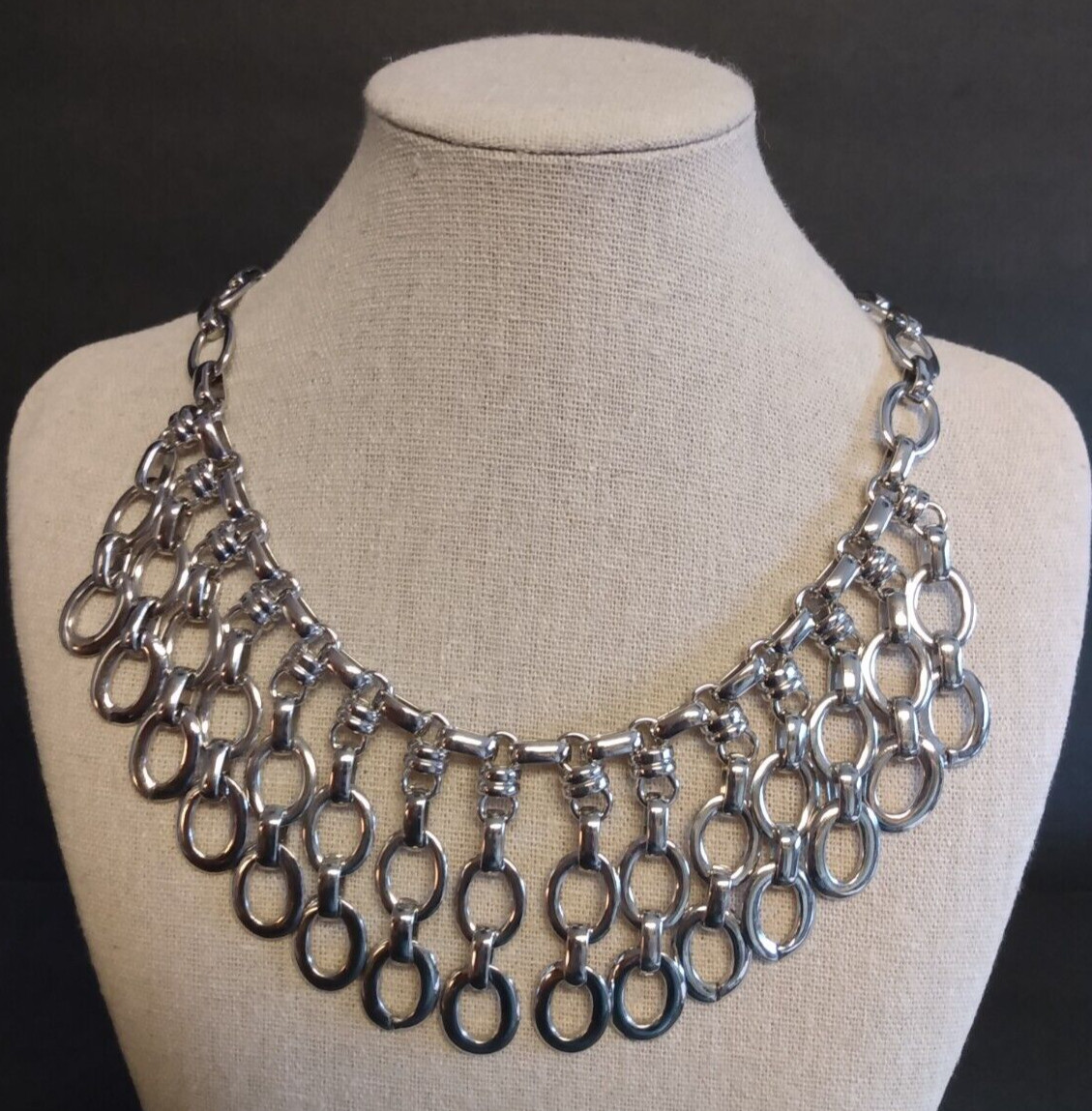Silver Tone Statement Multi 2" Drop Bib Chain Lin… - image 1