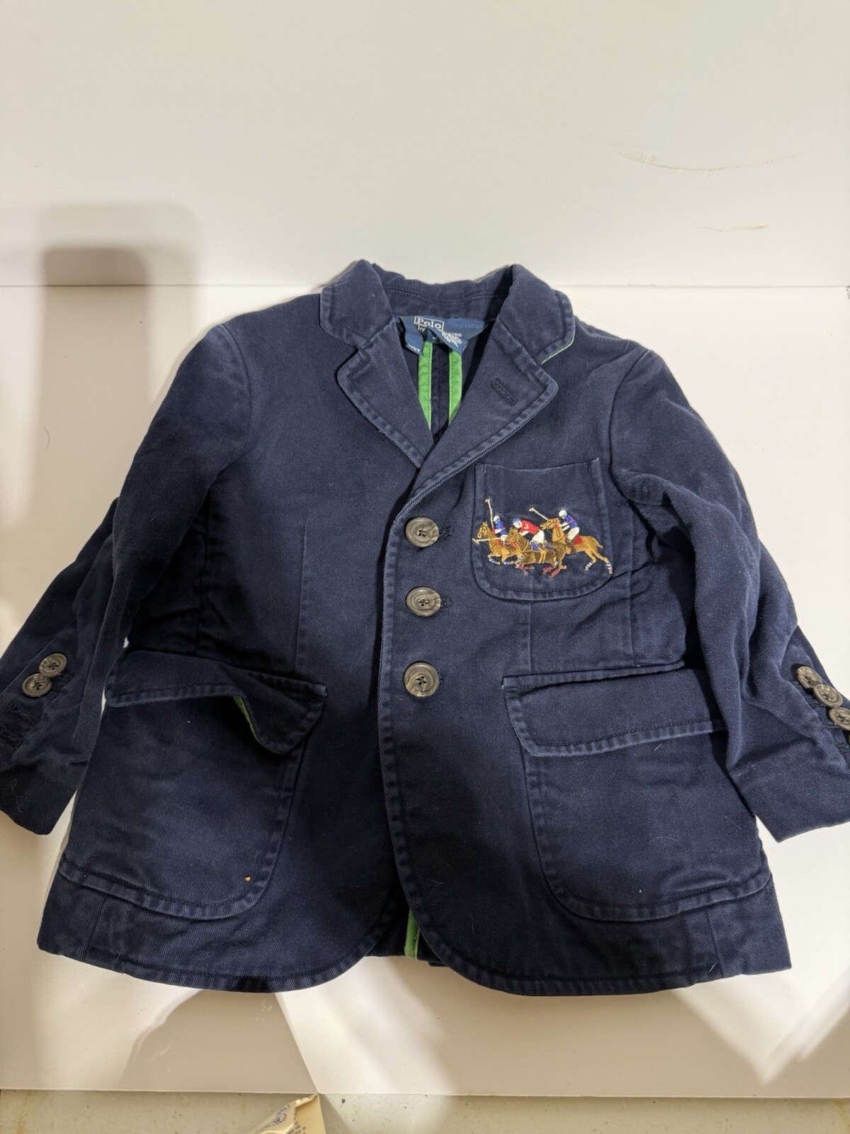 Giacca cappotto sportivo blu Polo Ralph Lauren vintage blazer triplo pony stampato taglia 2T