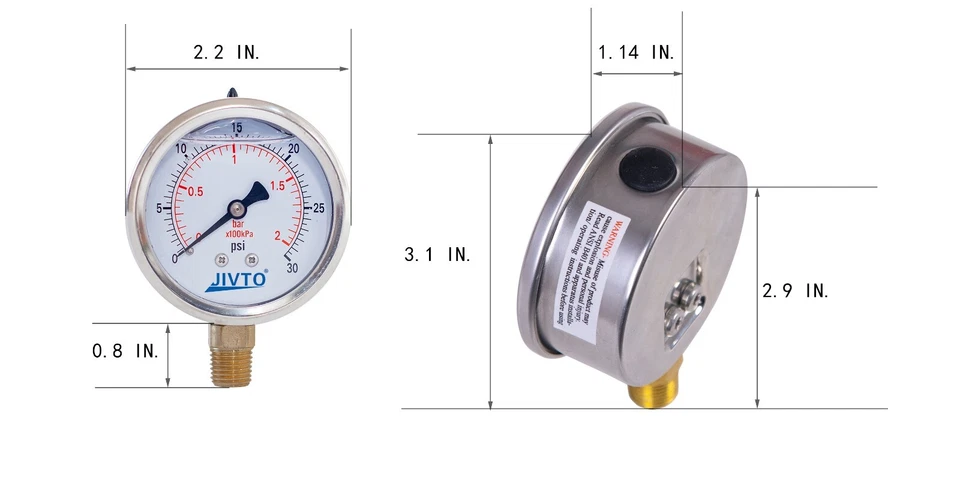 Pressure Gauge, liquid Filled, 2" Dia,0-30 psi, 1/4 NPT Lower Mount - image 4 of 4