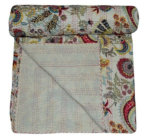 Indian Handmade Kantha Quilt Handblock Print Throw Ralli Bedspread Bedding Quilt - Picture 3 of 5