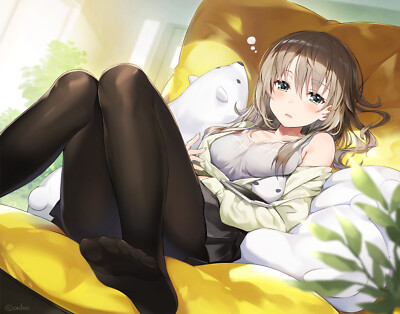 Anime girls art 2d portrait legs feet pantyhose brunette CCG Gaming Mat Desk