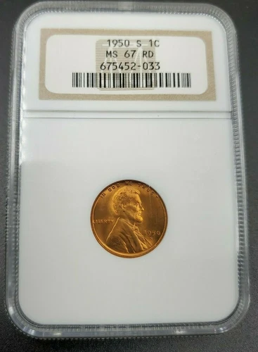 1950 S Lincoln Wheat Cent Penny Coin MS67 NGC Red RD ANA Brown Label Case Gem BU