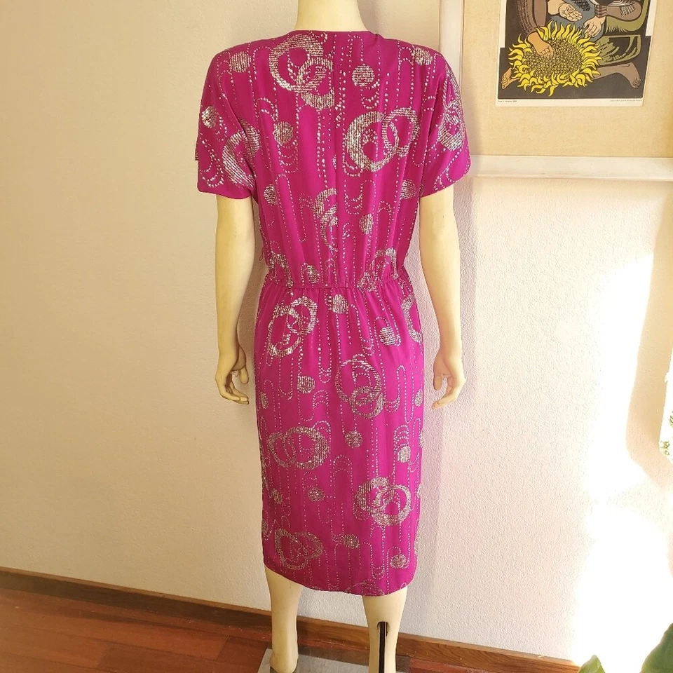 Vintage Disco Fuschia Pink with Silver Party Dress M L - Image 2 of 4