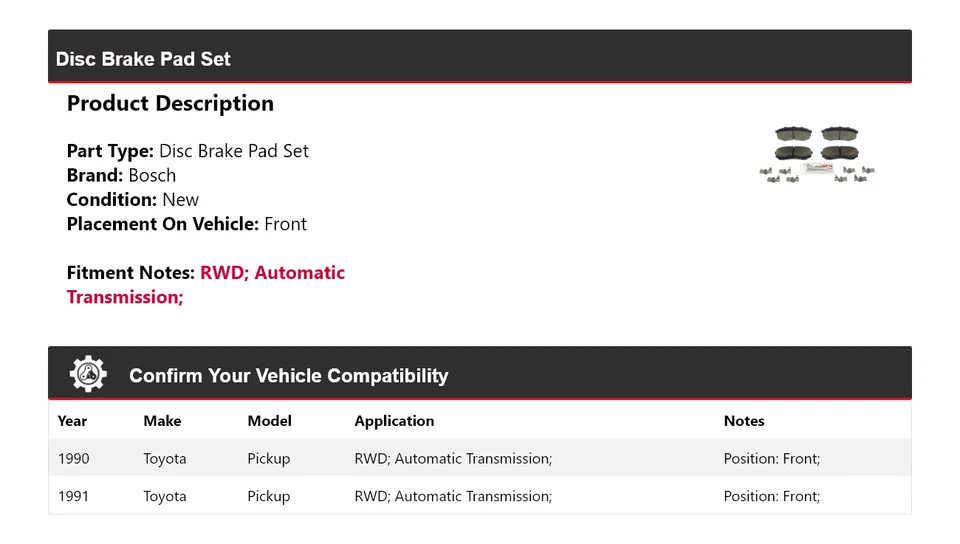 Полуметаллические тормозные колодки с передним приводом для пикапа Toyota RWD Bosch 1990-1991 годов выпуска - Изображение 2 из 4