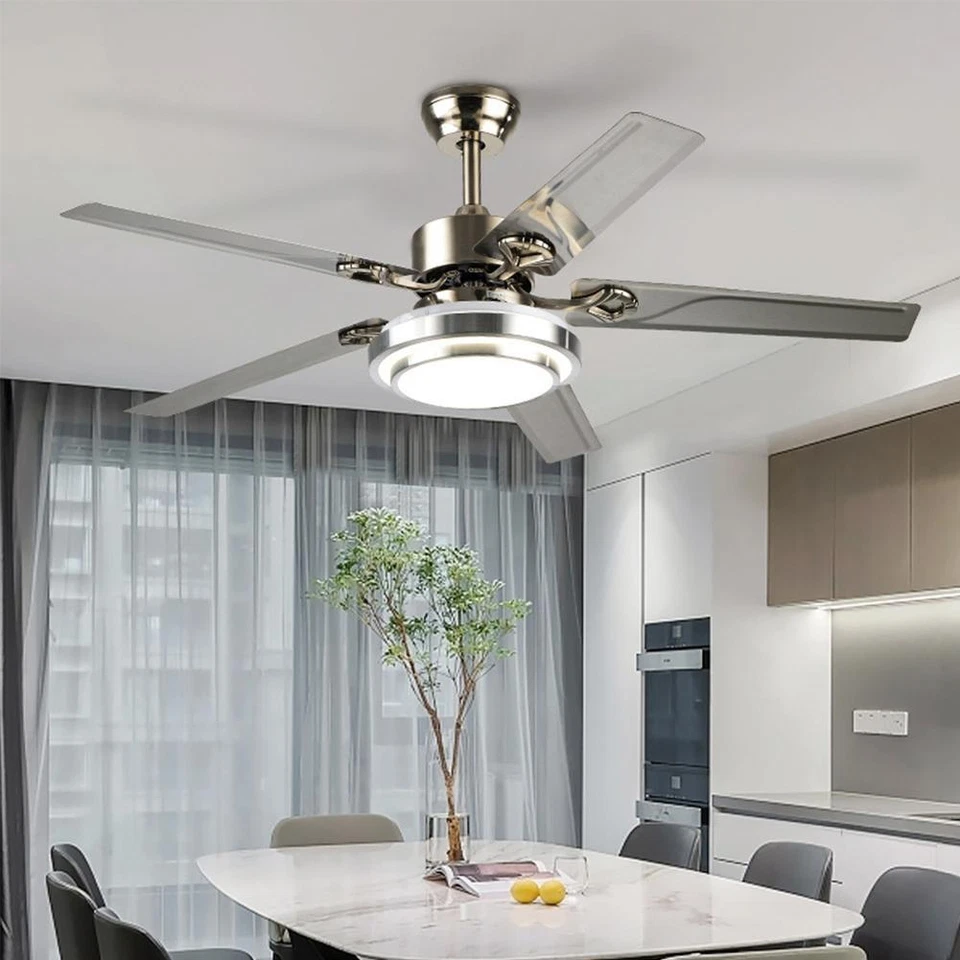 52" Stainless Steel Ceiling Fan Reversible 5-Blades 3-Colors Chandeler w/Remote - Image 2 of 4