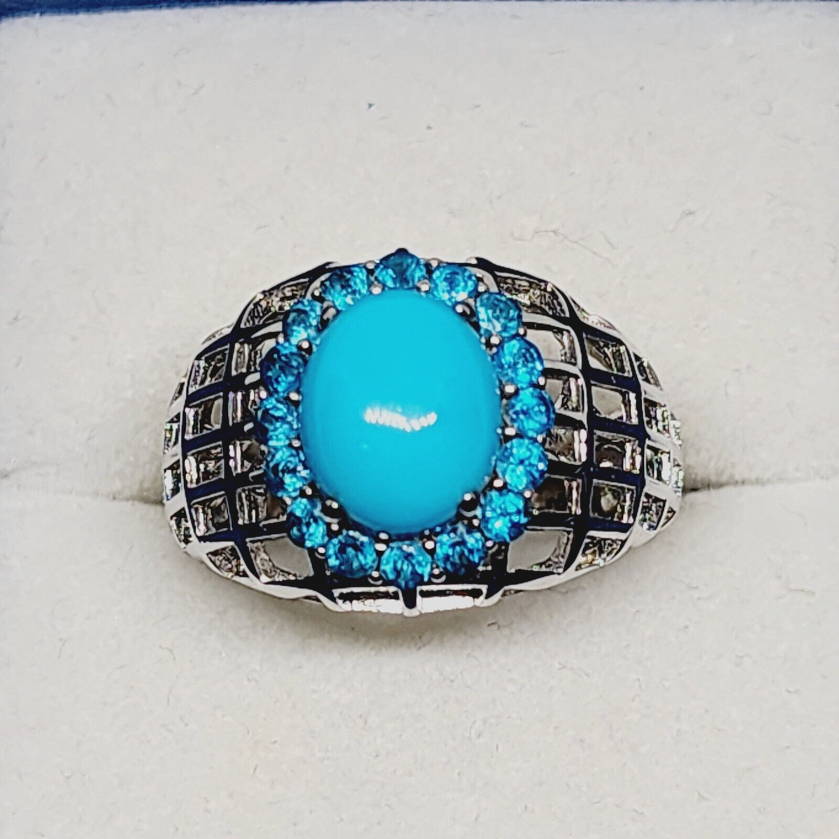 Sleeping Beauty Turquoise Neon Apatite Halo ring in Rhodium over 925 SS  3ct s8