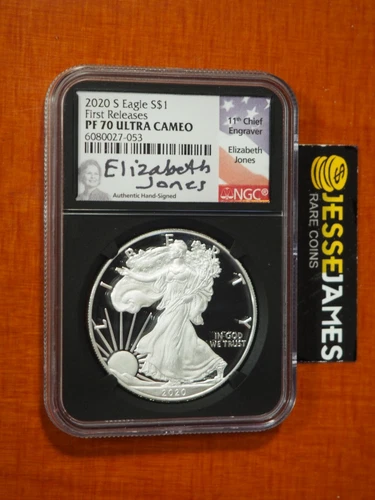 2020 S PROOF SILVER EAGLE NGC PF70 FIRST RELEASES ELIZABETH JONES SIGNED LABEL