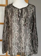 Ella Moss Anthropologie Silk Blouse Women’s Sz M Sheer Python Print Boho Safari