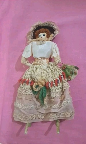 Antique Handmade Doll Embroidered Face Silk & Lace Unique Folk Art Craft