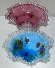 VTG Fenton Style Milk Glass Silver Crest Brides Bowls Ruffled Edge Set Blue Pink