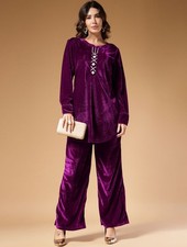 women Indian Ethnic Kurta salwar; Brooch  Lace work Velvet Kurta Set