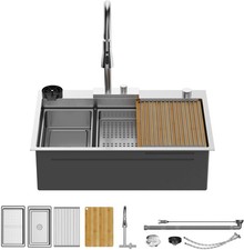 Waterfall Kitchen Sink with Faucet and Cutting Board for Drop In Workstation