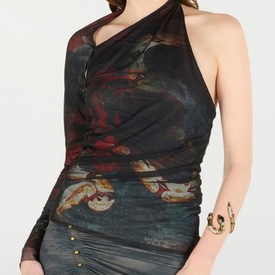 Roberto Cavalli One Sleeve Black Mesh Red Rose Snake Print Layered Top M