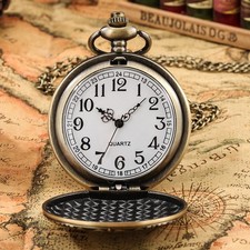 Floral Engraved Quartz Pocket Watch Silver/Bronze/Black Available with Chain