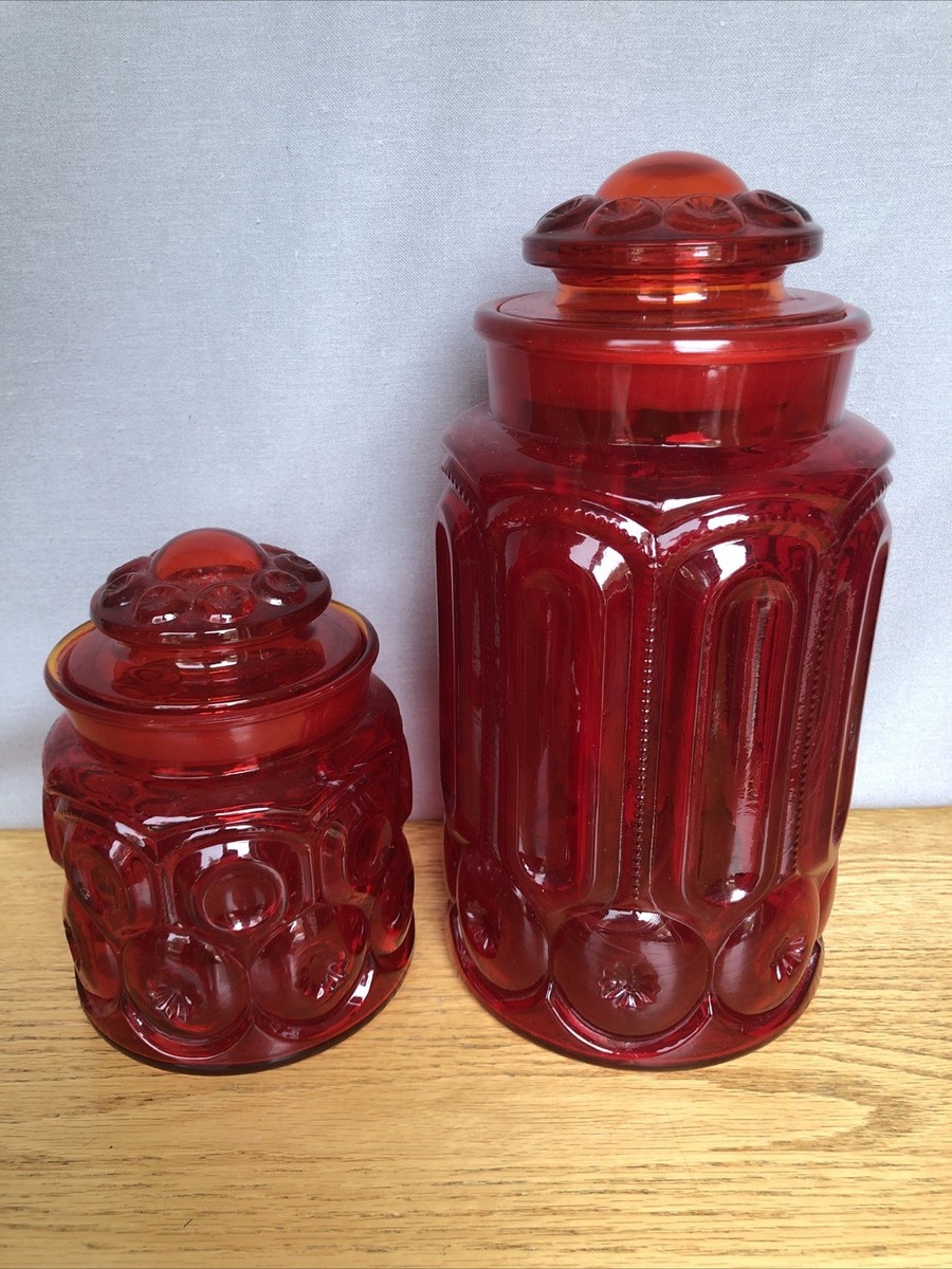 2 Moon & Stars Amberina Orange Red Vintage LE Smith Glass Canister