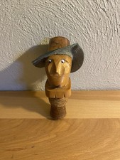 Vintage Hand carved Wooden Bottle Stopper Man With Faux Leather Hat