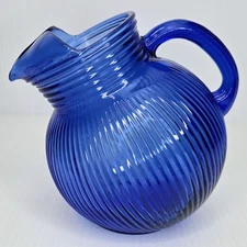 Vintage Hazel Atlas Cobalt Blue Fine Rib Tilted Pitcher With Ice Lip 