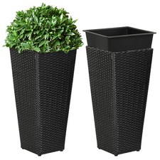 2PCS Rattan Tall Plant Pots w/Detachable Plastic Liners Pre-Marked Drainage Hole