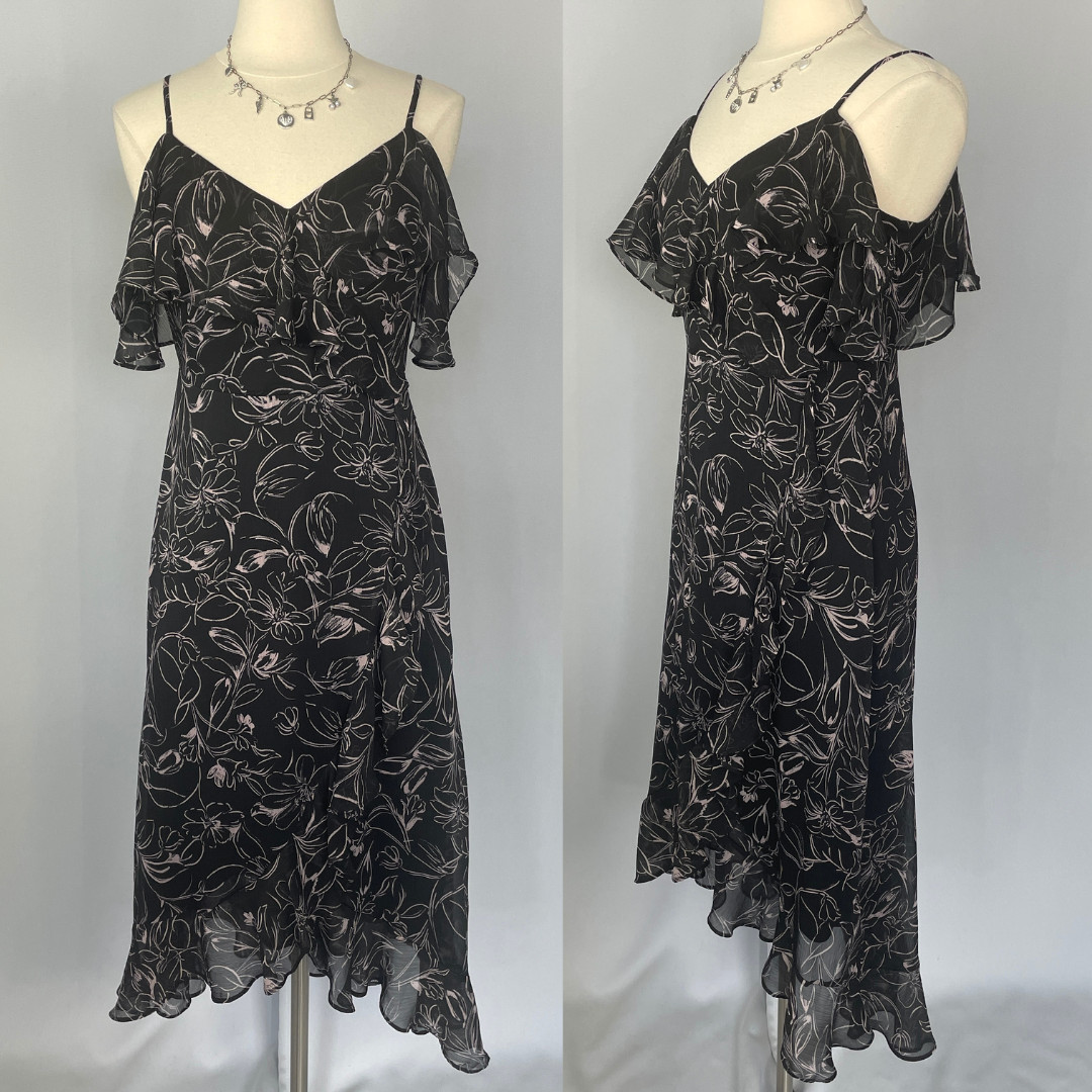 Maxi Dress Size 10 Petite 10P Black Pink Floral Chiffon Flowy Ruffle Feminine-image
