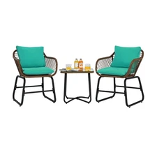Patiojoy Outdoor 3PCS Rattan Bistro Set Cushioned Chair Glass Table Deck