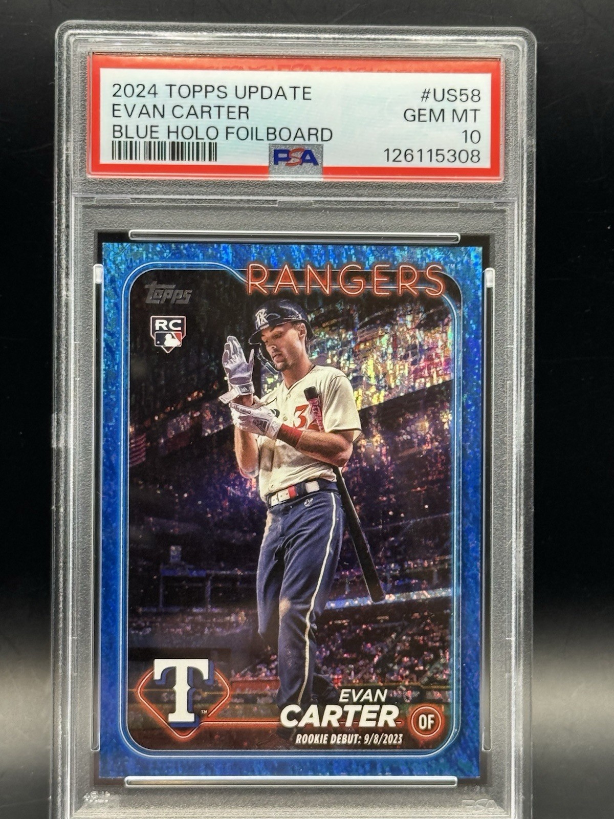 Evan Carter Topps 2024 Rookie Blue Holo Foilboard #US58 /999 PSA 10 Rangers