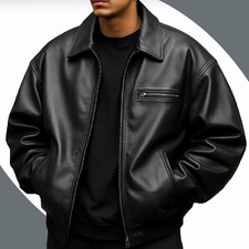 Men's Oversized Leather Bomber Jacket Boxy Black Baggy Leather Coat Plus Size