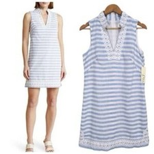NWT Eliza J Blue and White Striped Cocktail Work Dress Size 8 With Lace Detail