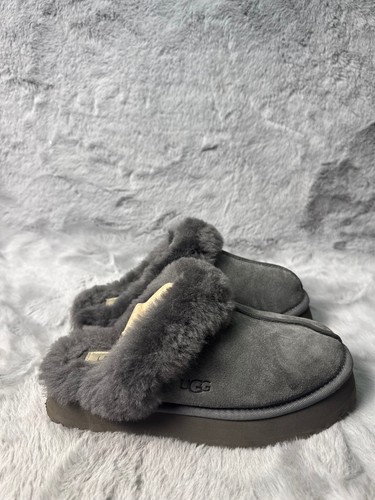 UGG Disquette Slippers Women's Sz 9 Charcoal Gray Suede sheep fur lined