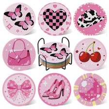 8 Pcs Pink Diamond Art Painting Coaster Kit, Diamond Painting Coasters with Hold
