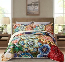 3 Piece Boho Floral Quilt Sets King Size Colorful Bohemian Contemporary Flower