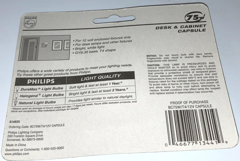 PHILIPS DESK & ACCENT 75W LAMP CAPSULE LIGHT BULB GY6.35 BASE T4 12 VOLT - Image 2 of 2