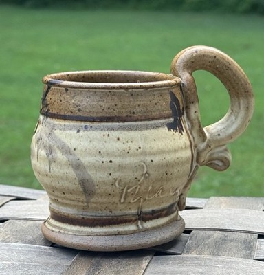 Signed Studio Art Pottery Mug Earthy Beige Brown Speckled Glazes Handmade 10 Oz