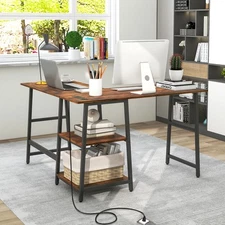 Costway L Shaped  Study Table Corner Computer Desk w/Storage Shelves Rustic