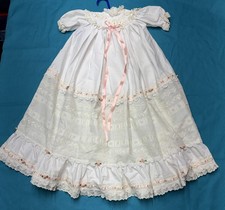 Vintage Christening Gown Baptismal Dress White Lace Embroidery Pink Ribbon 29"