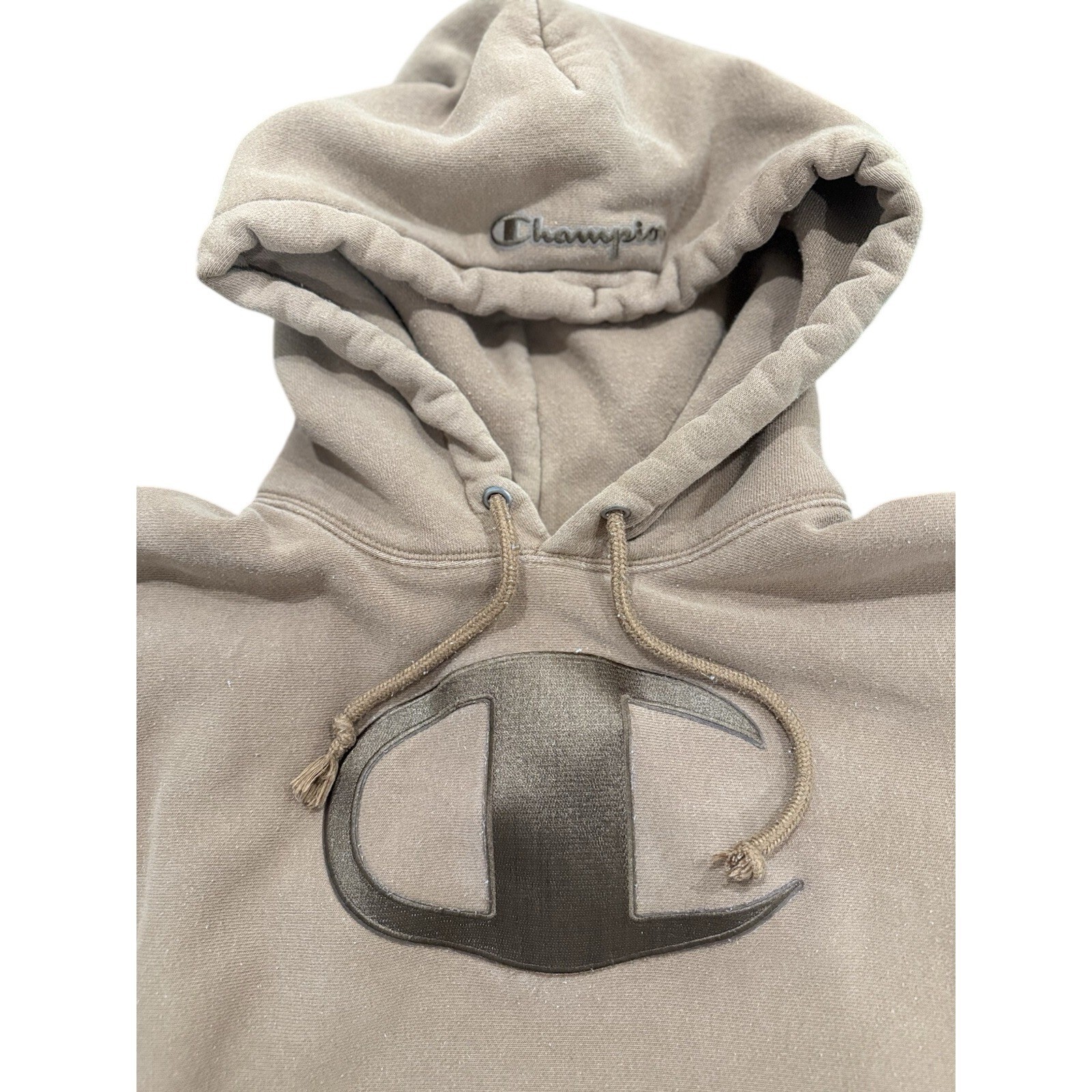 Y2K Champion Reverse Weave Hoodie Mens Medium Tan Large Logo Pullover GF68 ZXC image 2