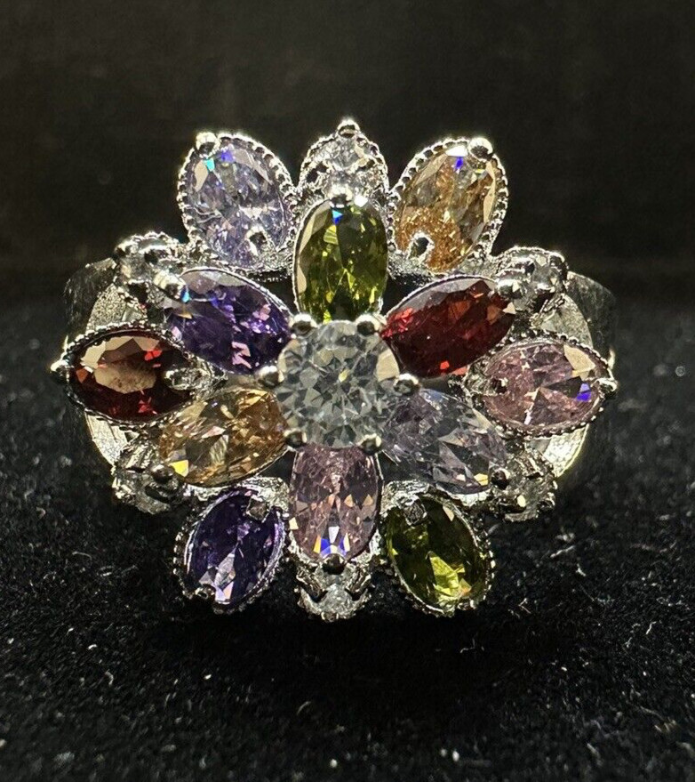 Sterling Silver Flower Ring With Assorted Stones … - image 1