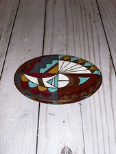 Vintage Native American Tribal Wooden Hand Carved and Painted Oval Art 5x3 Inch
