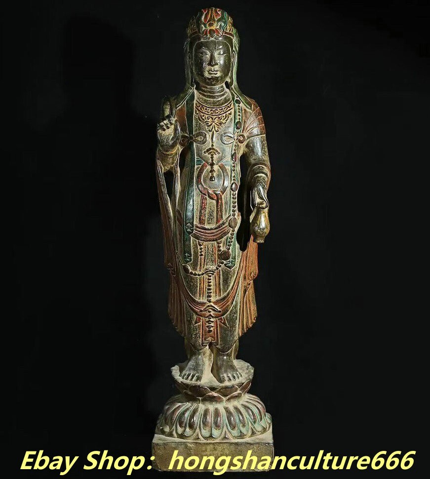 35&quot;Northern Qi Dynasty bluestone Painted Carving Kwan-Yin Guanyin 