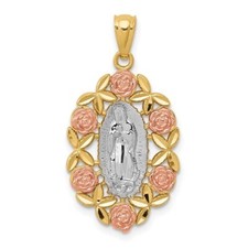 Colgante Flor Rosa Guadalupe Virgen Oro 14K Sólido 1.1" Pequeña Virgen María-C4520