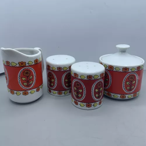 Vtg Nippon Orange Daisy Sugar Creamer Salt Pepper Shakers Set - Retro Flower MCM