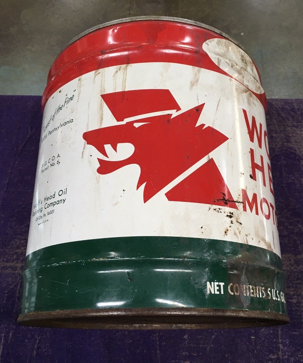 Vintage 5 Gallon Wolf's Head Heavy Duty Motor Oil Can DENTED TOP
