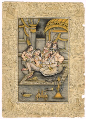 Hand Miniatur Alt Malerei Von Mughal Harem Szene Kunst Auf Papier 19.1x26.7cm