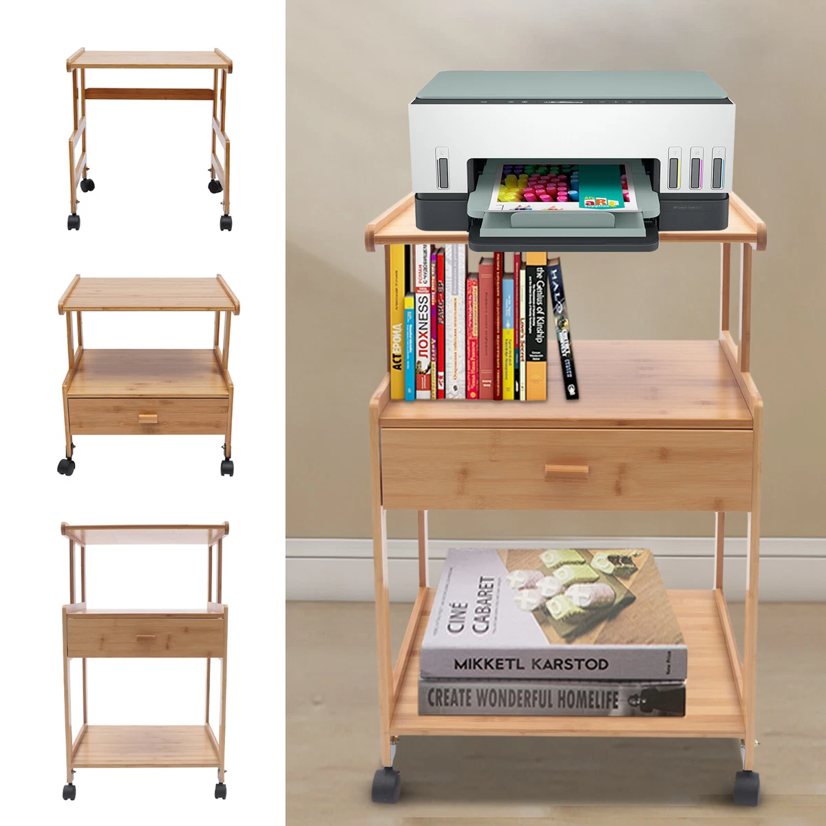 Mobile Printer Stand Home Office 1 2 3 Tier Printer Cart Storage Shelf w Wheels