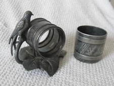 ANTIQUE Meriden Silver Plate Figural Bird Napkin Ring & Etched Wheat Engraved