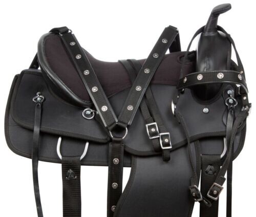 Selle de cheval de course à barils de style western, durable et synthétique, avec siège souple, têtière, harnais de poitrail, rênes et tapis de selle, en bois/plastique