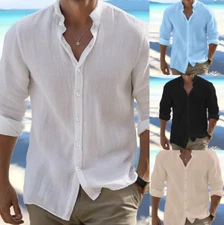 Button-Up Shirt Mens Long Sleeve Cotton Linen T-shirt Casual Summer Beach *SALE*